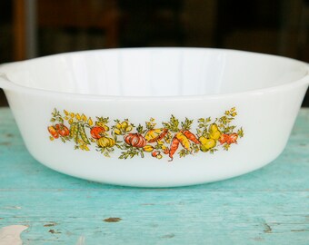 Vintage Fire King Milk Glass Casserole Dish: Vegetable Harvest 2