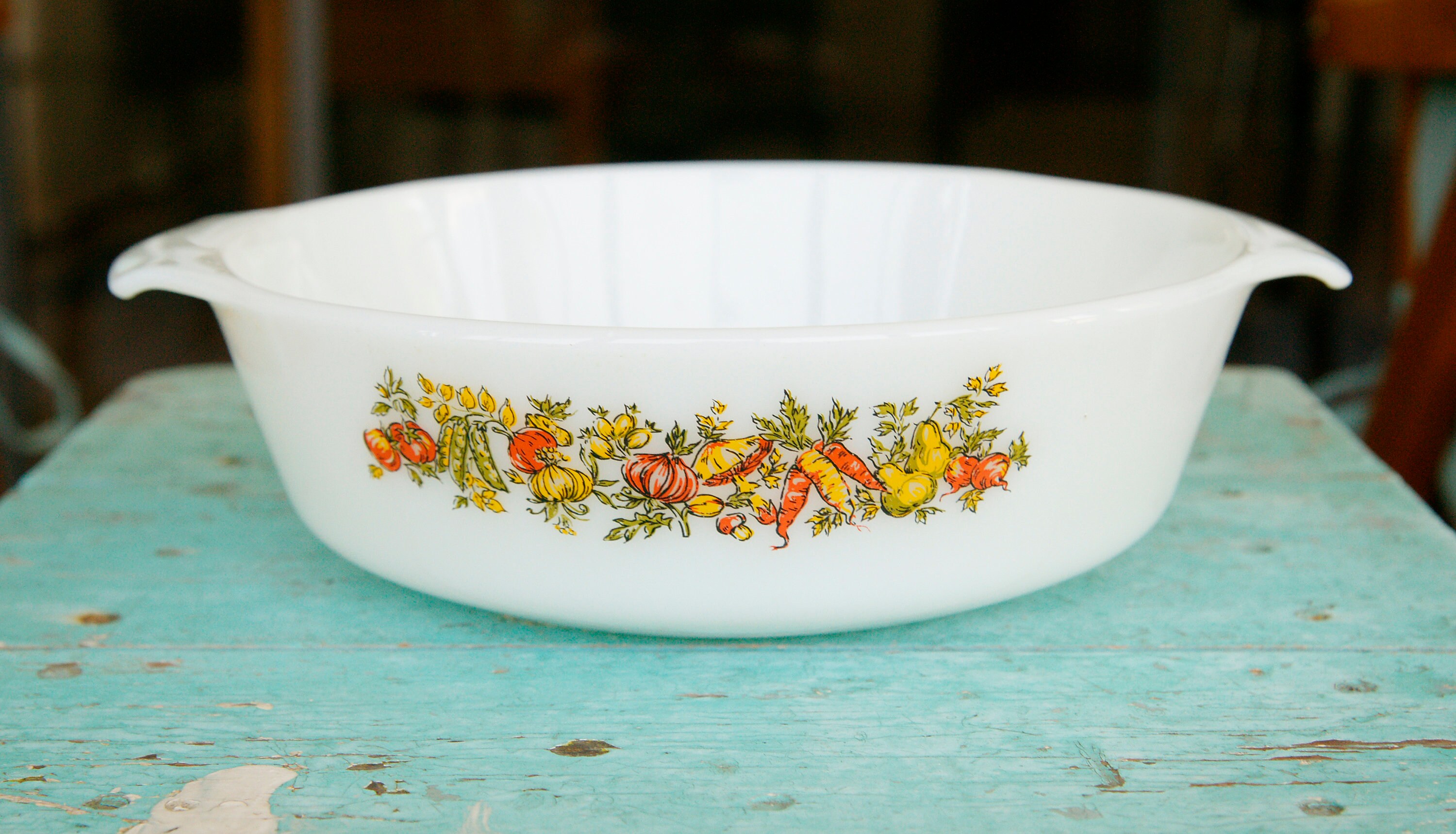 Vintage Fire King Milk Glass Casserole Dish: Vegetable Harvest 2