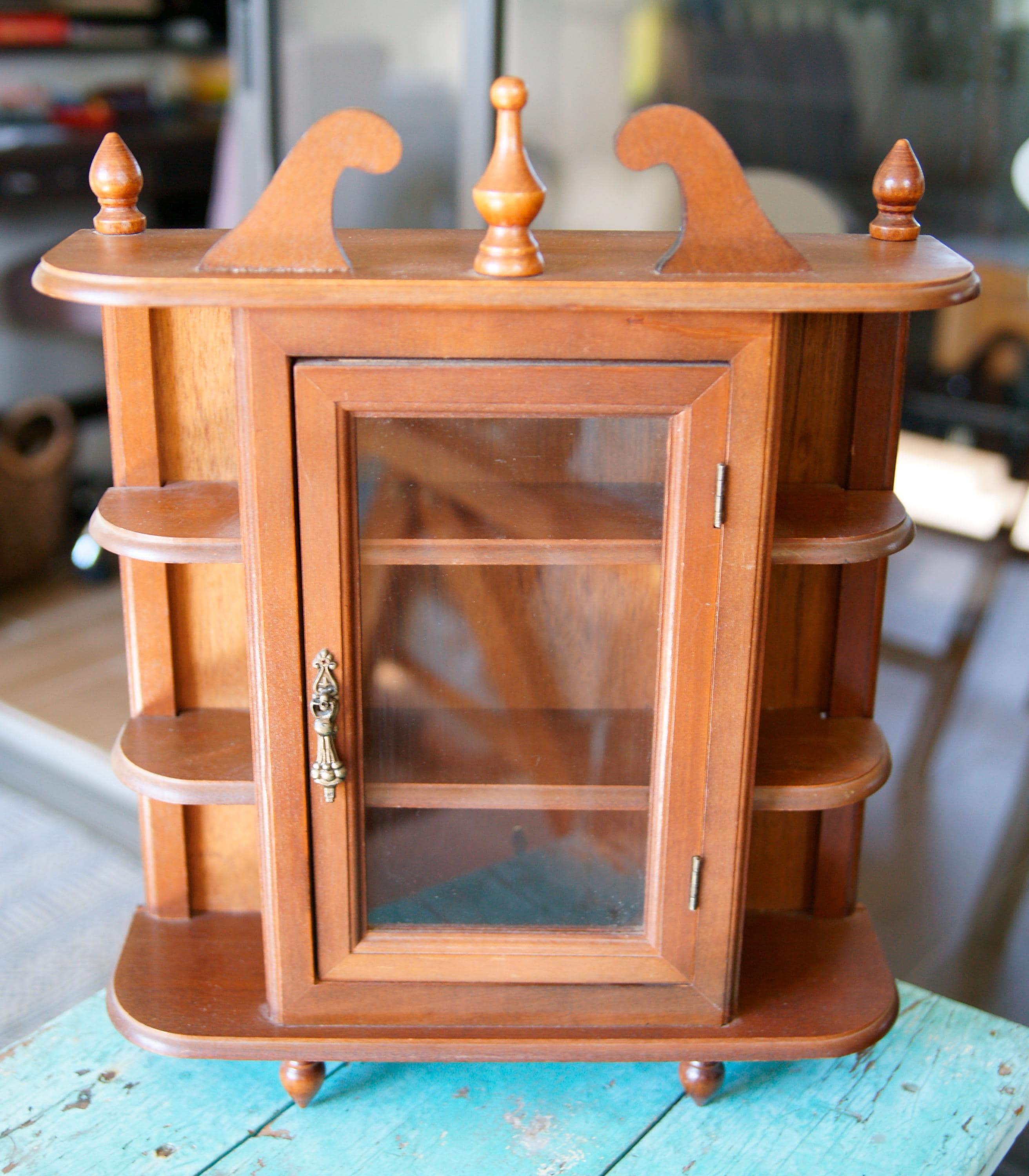 Vintage Wood Display Curio Cabinet W Glass Door Wooden