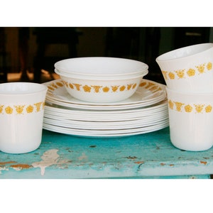 Vintage Corelle by Corning Butterfly Gold Dinnerware Separates Plates, Bowls, Pyrex Cups MCM 1970s