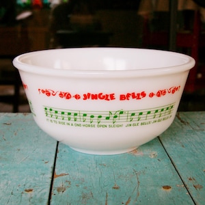 Vintage Hazel Atlas Milk Glass Bowl: Jingle Bells Christmas Mixing Bowl