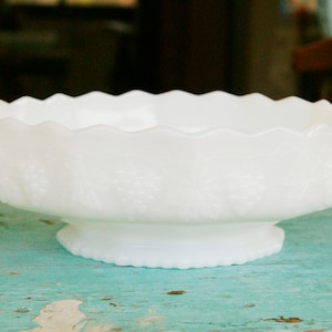 Vintage Milk Glass Grape Bowl by Anchor Hocking Fire King Centerpiece Pedestal Made in USA