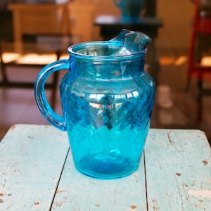 Vintage Anchor Hocking Blue Swirl Glass Pitcher with Ice Lip