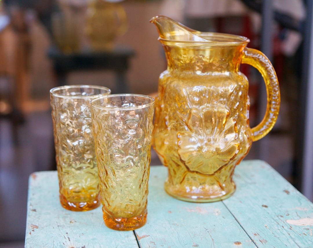Vintage Anchor Hocking Yellow Amber Glass Pitcher With Glasses