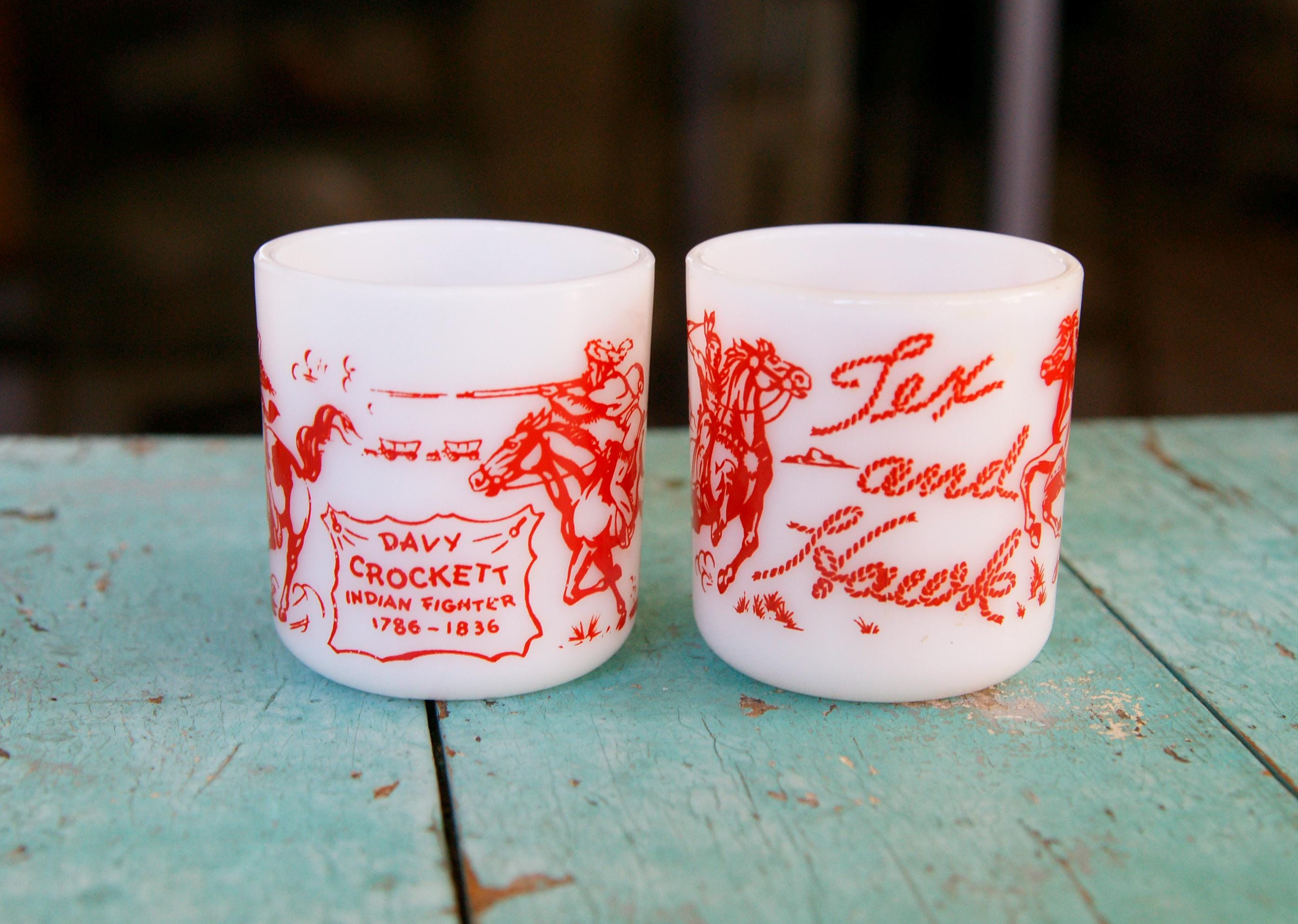 Vintage Davy Crockett Milk Glass Cups: Hazel Atlas Tex and Hawk
