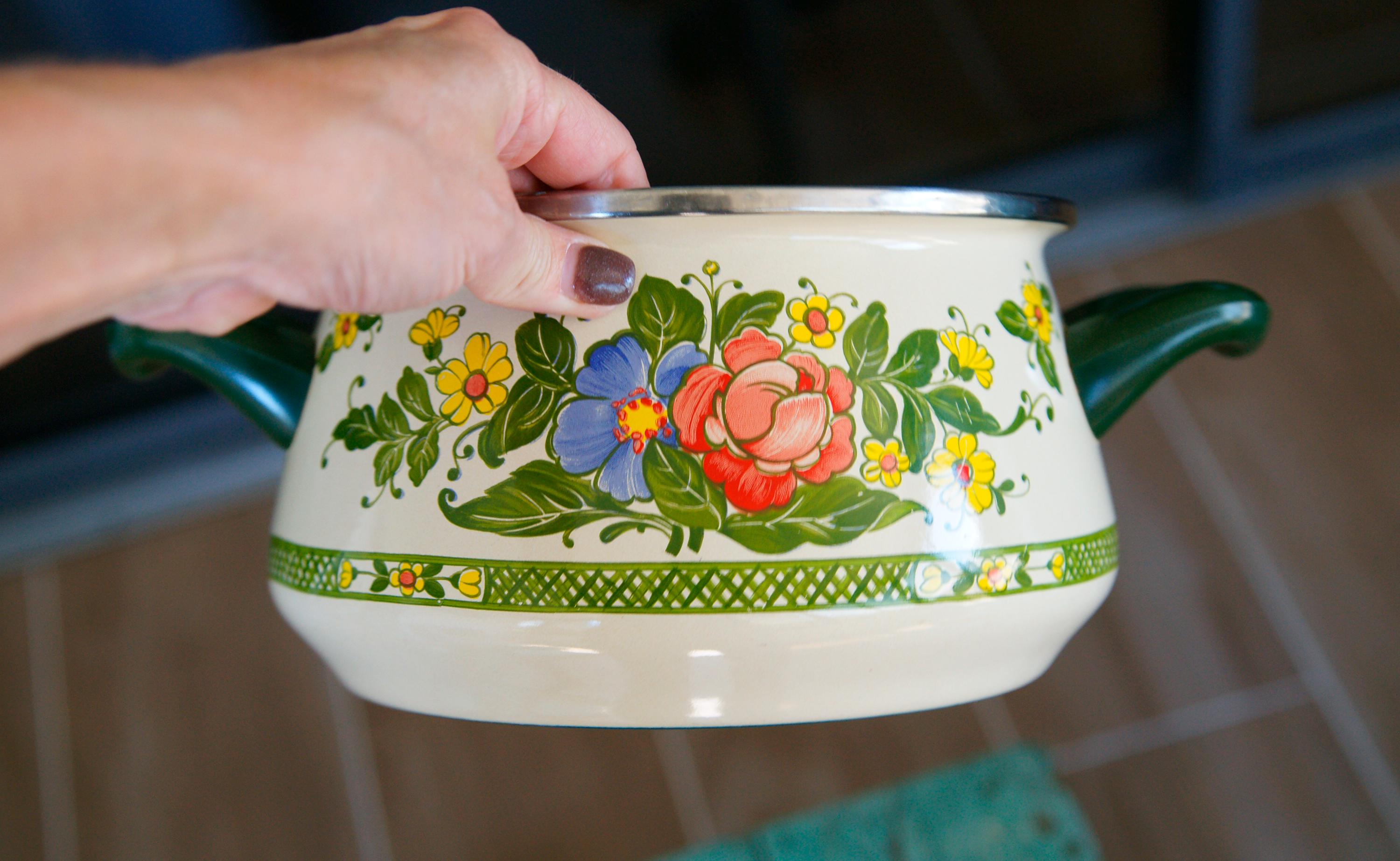 Vintage Fissler Asta Enamelware Stockpots: Floral German Cookware