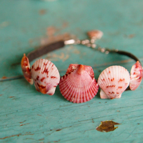Scallop Shell Leather Bracelet ~ adjustable beach jewelry festival  island ocean jewelry