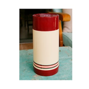 Vintage Aladdin Thermos Wide Mouth 10 oz Burgundy Green Beige Insulated Mid Century Retro Hot or Cold Made in USA 1980s