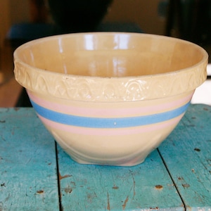 Vintage McCoy Pottery Mixing Bowl: Yellow Ware with Pink & Blue Stripes