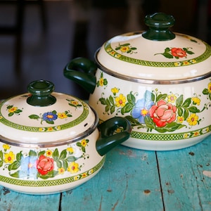 2 Vintage Asta Enamelware Cookware Pots Stockpots Floral Pattern Enamel 1970s by Fissler Old Amsterdam Floral Germany Line