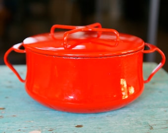 Vintage Dansk Kobenstyle Red Dutch Oven IHQ Enamel Mid Century Modern Enamelware Designs France Cooking Pot with Lid