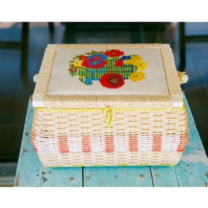 Vintage Sewing Basket Floral Woven Storage Box Hand Stitched Flowers