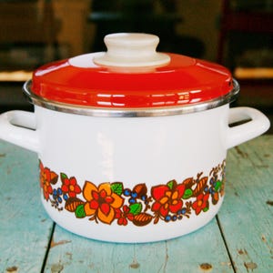 Vintage Enamel Saucepan Pot with Lid Floral Design Cook Pot Stockpot and Flower Pattern Mid Century Modern Enamelware 1960s 1970s Austria