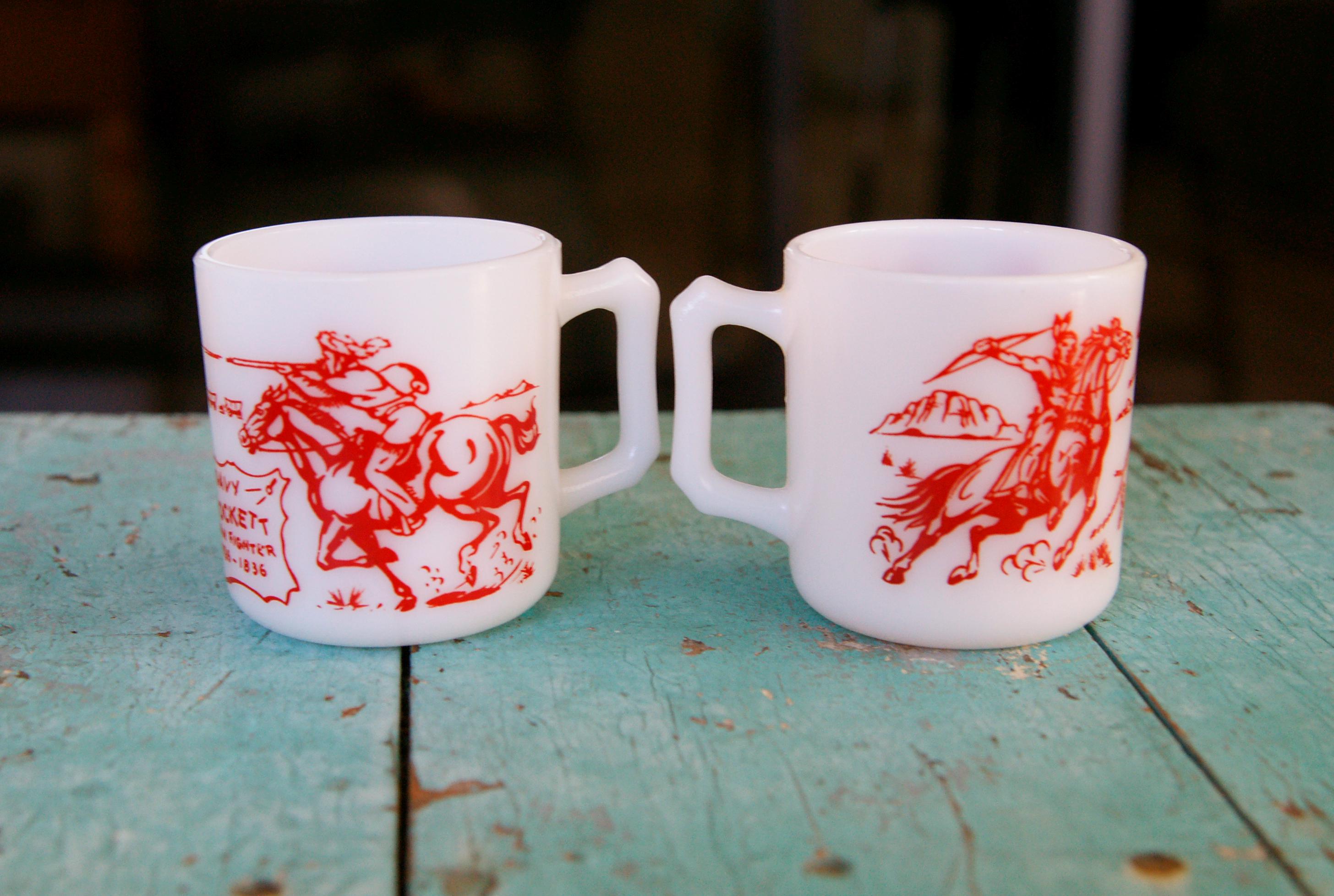 Vintage Davy Crockett Milk Glass Cups: Hazel Atlas Tex and Hawk