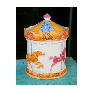 Vintage Treasure Craft Horse Carousel Cookie Jar Ceramic Kitchen Decor Carnival Biscotti Candy Canister Rare 1960