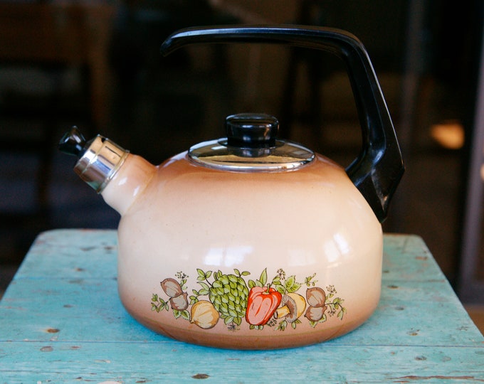 Vintage Enamel Whistling Tea Kettle Vegetable Pattern Tea Pot 2 Quart