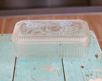 Vintage Fruit Embossed Glass Refrigerator Dish w Lid Ribbed edge Fridgie Food Storage 1930s