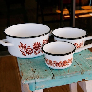 Vintage White Enamel Stock Pot Pans Set of 3 Dutch Oven Black trim with Brown Floral Romania Mid Century Enamelware Farmhouse Pan 1960s