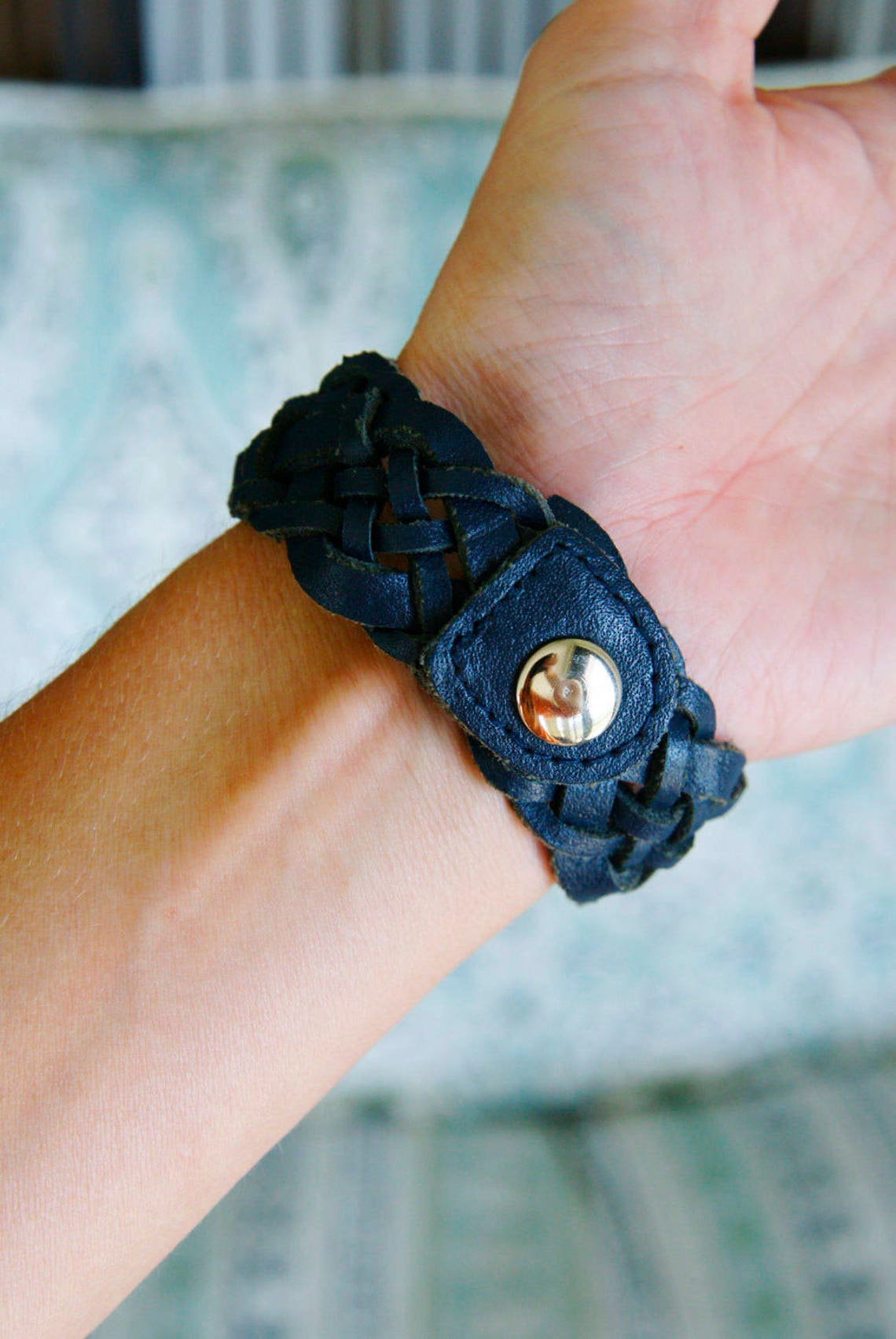 Blue Braided Leather Cuff Bracelet Upcycled Recycled Belt Etsy