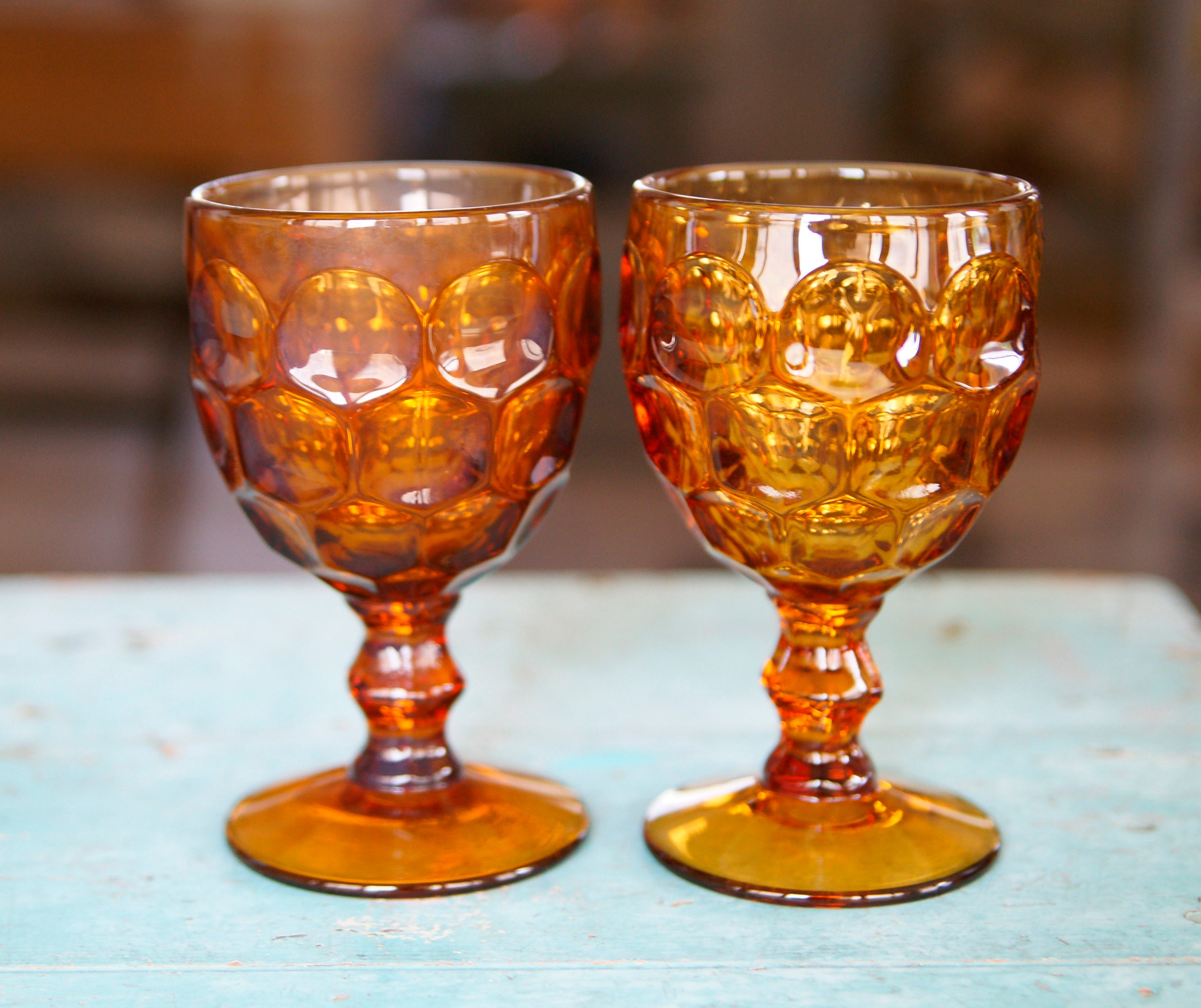 Vintage Amber Glass Goblet Embossed P...