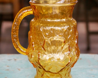 Vintage Anchor Hocking Yellow Amber Glass Pitcher With Glasses