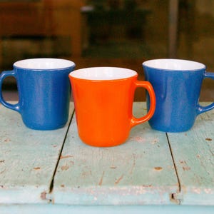 Vintage Pyrex Blue and Burnt Orange Milk Glass Corning Cups Coffee Mugs Teacups - Set of 3 Corning USA
