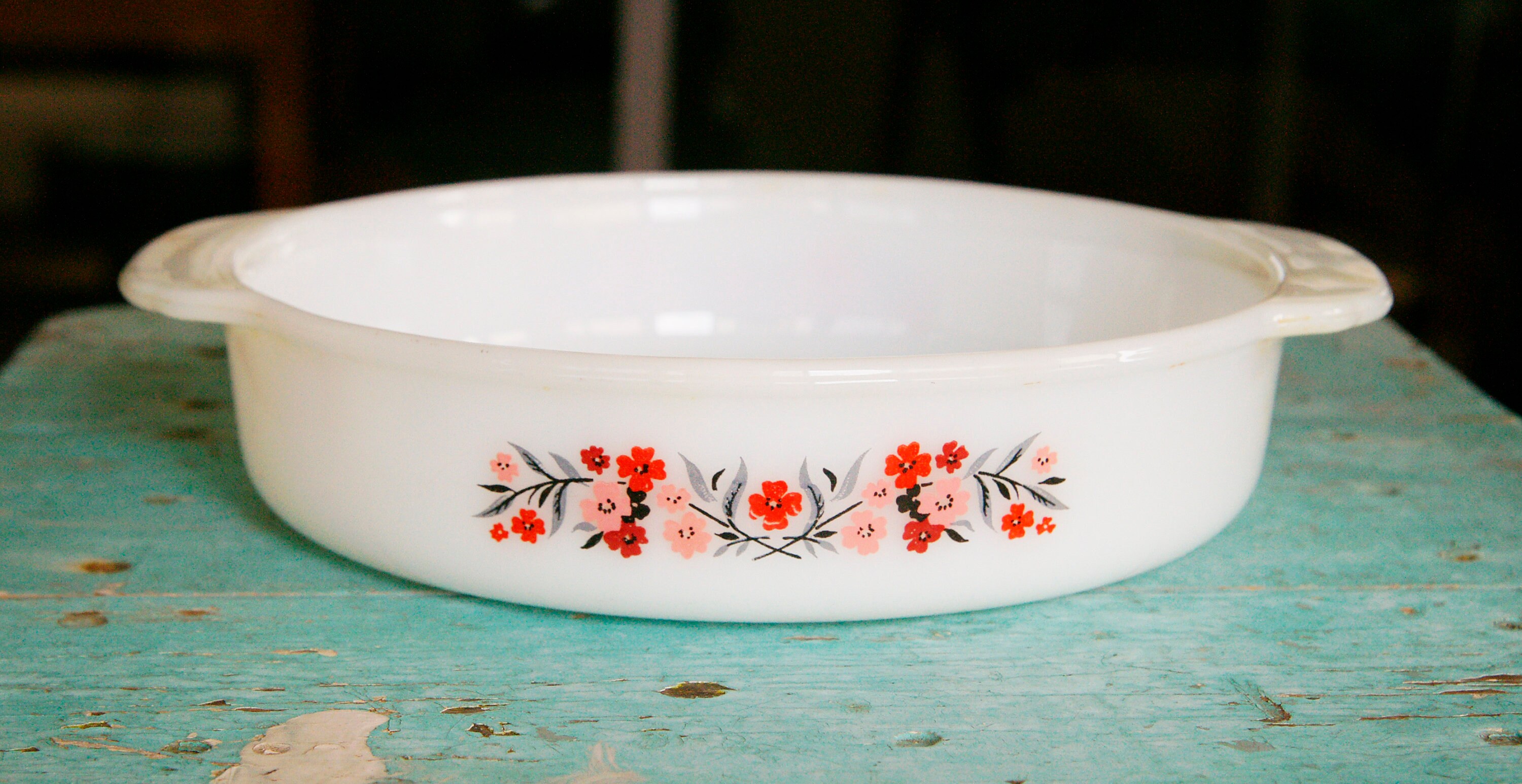 Vintage Fire King Anchor Hocking Primrose Pink Red Flowers Round 