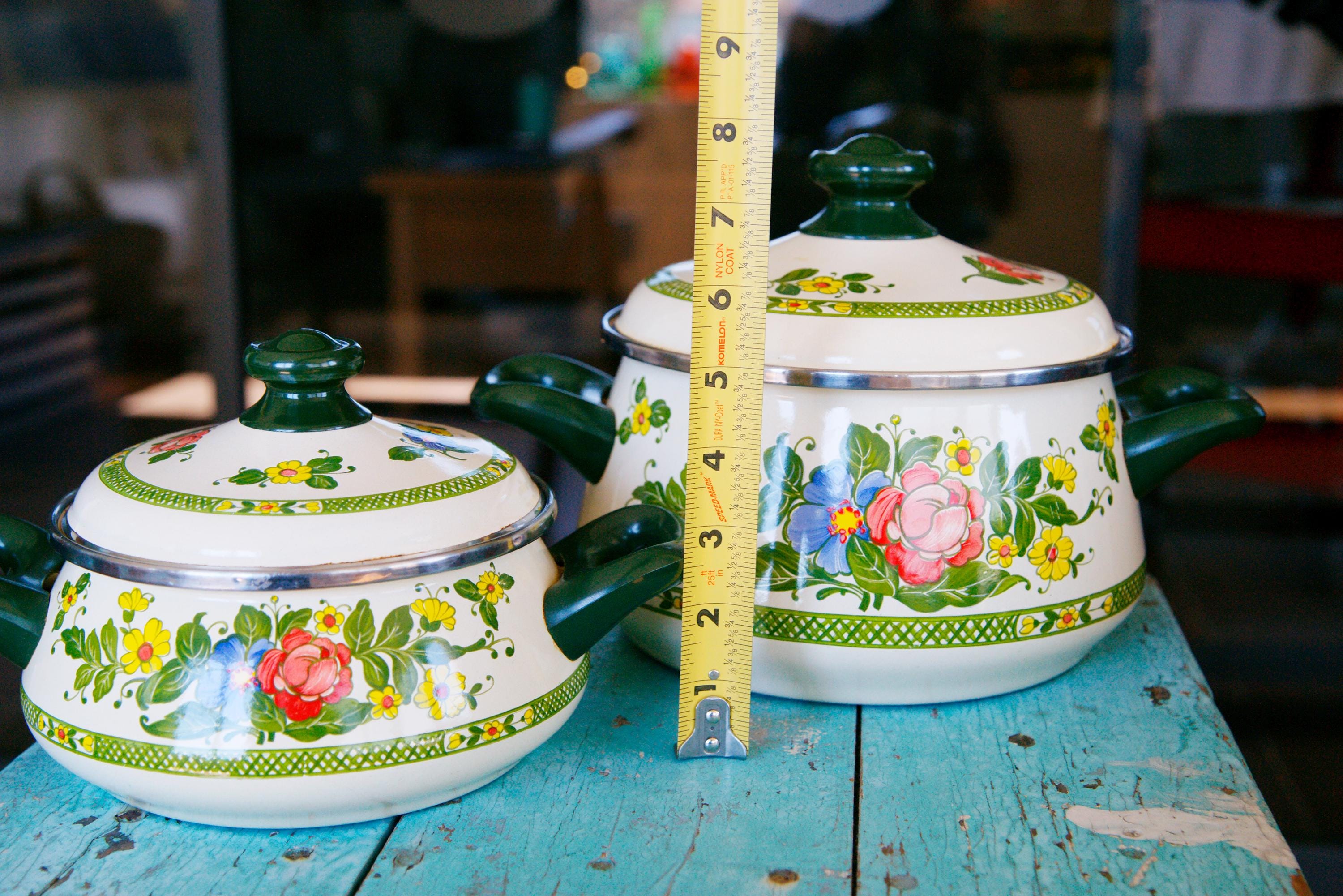 Vintage Fissler Asta Enamelware Stockpots: Floral German Cookware