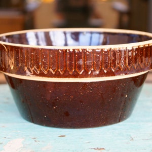 Vintage Stoneware Ribbed Brown Crock Bowl Milk Pan Depression era Primitive Farmhouse Kitchen Utilitarian Antique 10 Inch