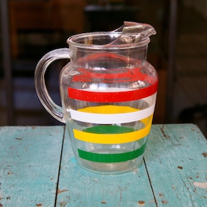 Vintage Anchor Hocking Fiesta Stripes Pitcher: Multicolored Glass Ice Lip
