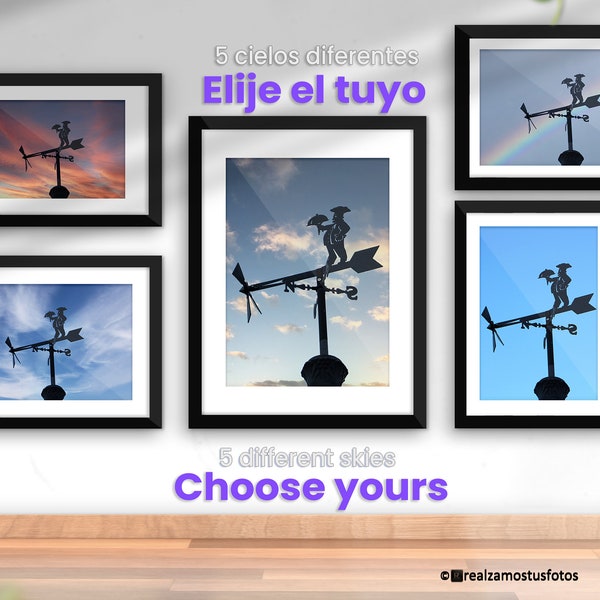 Cook's photo in a weather vane to decorate the kitchen, with 5 different skies or with rainbow to choose, gift photo for him or for her