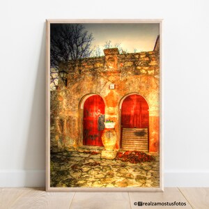 Printed photo of red wooden doors to decorate cottage home living room bedroom kitchen office and to give away, house in Spain