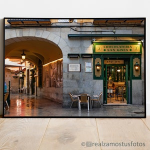 Photo old Madrid cafe, famous Madrid chocolate shop, photo printing to decorate, photo gift for him and her, travel photo