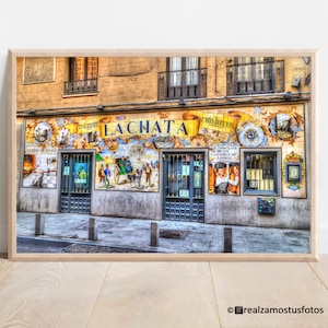 Fotografia stampata di un antico ristorante di Madrid Spagna, decorazione della cucina, foto tipica spagnola locale di La Chata, souvenir di viaggio a Madrid