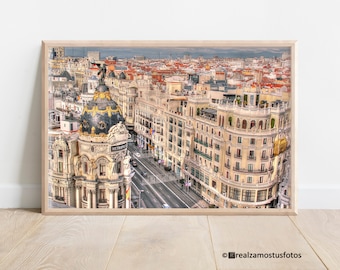 Metropolis Building Photo in Madrid&#39;s Gran Via Spain,  Architecture Madrid, City Photo, Painted Photo, Photography Christmas trip to Madrid