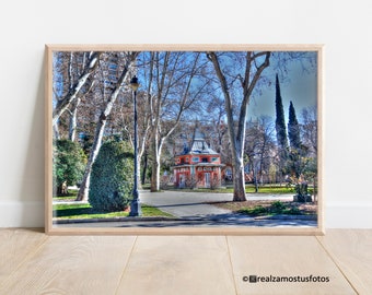 Madrid, Photo to the Casita del Pescador in the Park Retiro Madrid Spain, photo historical architecture in Park of Madrid, Memory of Madrid