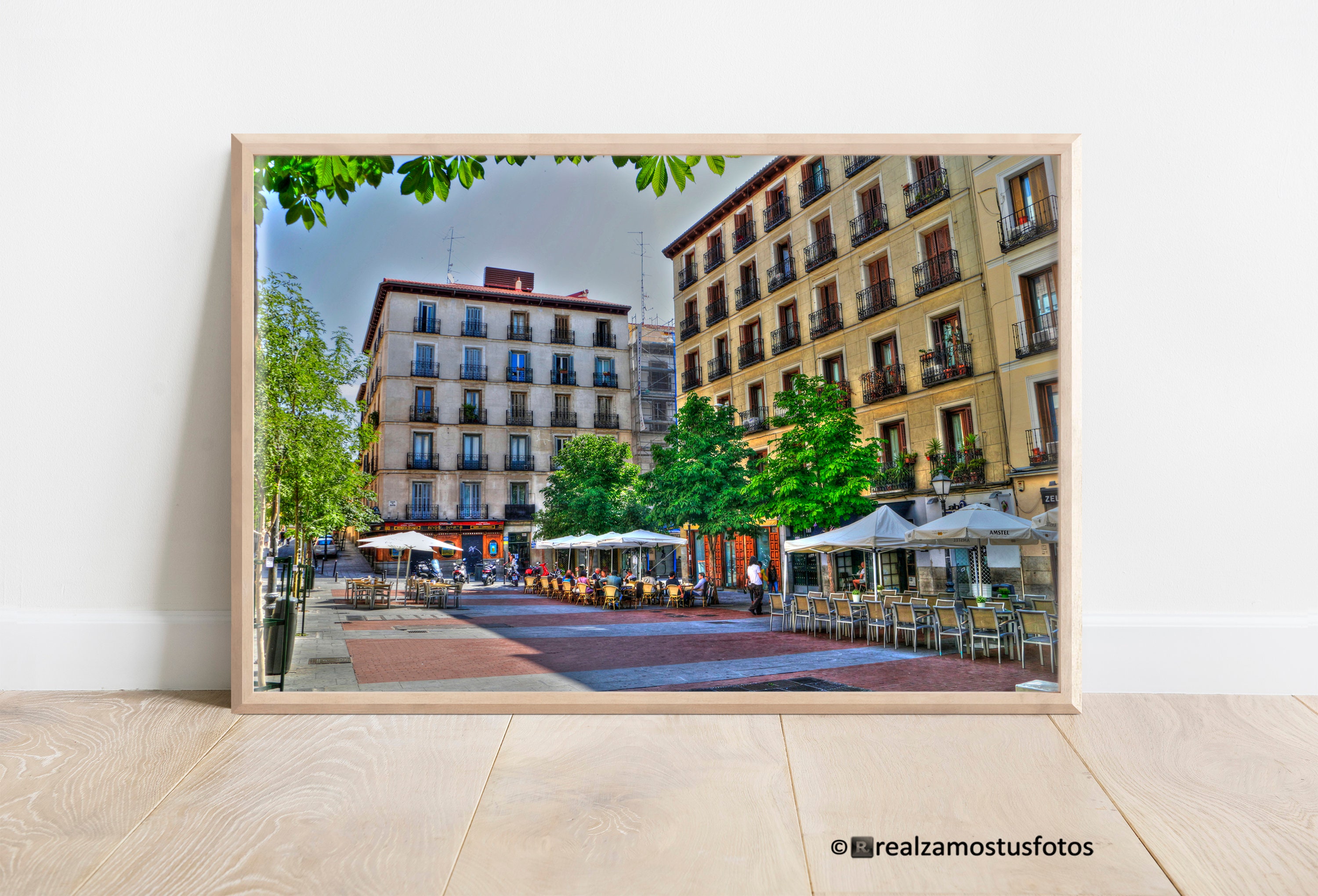 Photo to Square of Chueca in Spring in Madrid Spain, photography terraces Chueca, Urban artistic photography, Madrid photo trip Pride