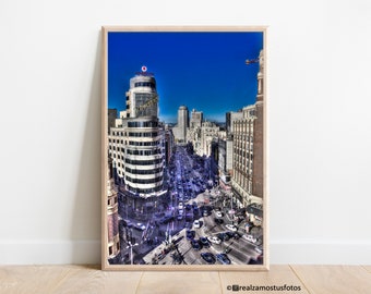 Printed photo Gran Via Madrid, Spain, Photo Building Schweppes Madrid, Photography Travel, Madrid street, Madrid architecture, color photo