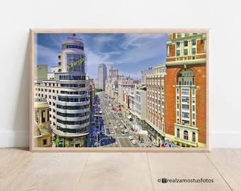 Printed photo of the Blue Sky of Madrid in Gran Vía, Photo of Schweppes Building in Madrid, photo Urban architecture, photo color trip Spain