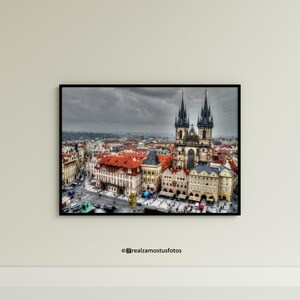 Photo Aerial view of the Old Town Square in Prague, Church of Our Lady of Tyn Prague, Photo Travel Czech Republic, Art Decor and Wall Art