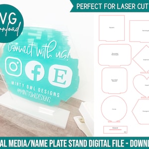 Digital Download - Hexagon Circle Heart Plaque with Stand SVG - Laser Cut File - For Acrylic - Social Media Plaque - Name Plaque Plate Stand