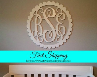 FREE SHIPPING!!  Wooden Monogram - Unfinished Vine Script Monogram in Scallop Border - Wood Letters - Wall Hanging - Monogram Door Hanger