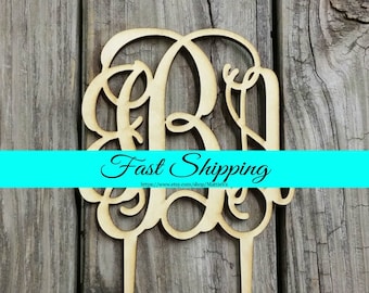 FREE SHIPPING!!   Wooden Monogram Cake Topper - Unfinished Monogram Cake Topper - Custom Monogram Cake Topper - Wedding Cake Decor