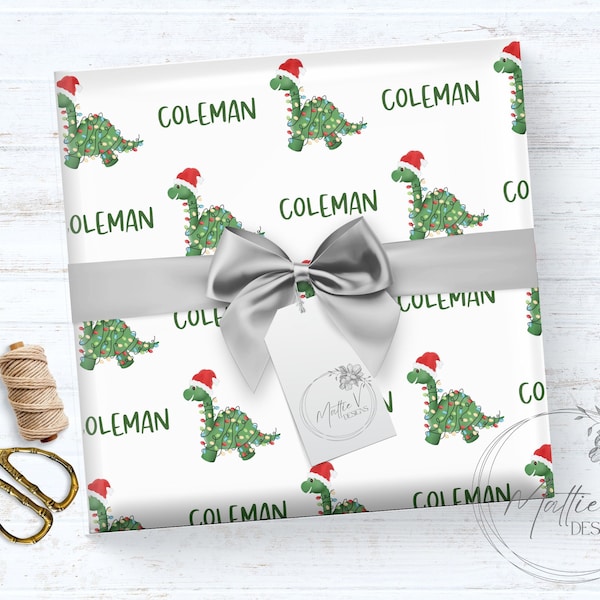 Christmas Dinosaur | Personalized Wrapping Paper | Christmas Gift Wrap | Name Gift Wrap | Custom Gift Wrap