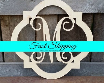 FREE SHIPPING!!  Wooden Initial - Wood Letter - Unpainted Vine Script Initial In Quatrefoil Border - Wedding Monogram - Wedding Guest Book