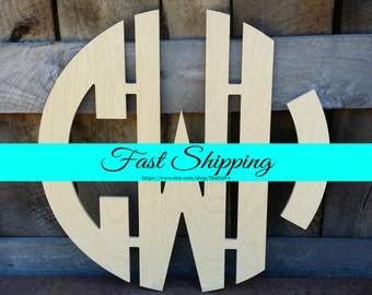 12" Wooden Monogram - Unfinished Wood Monogram - Circle Monogram - Wedding Monogram - Wood Letters - Monogram Door Hanger - Nursery Monogram