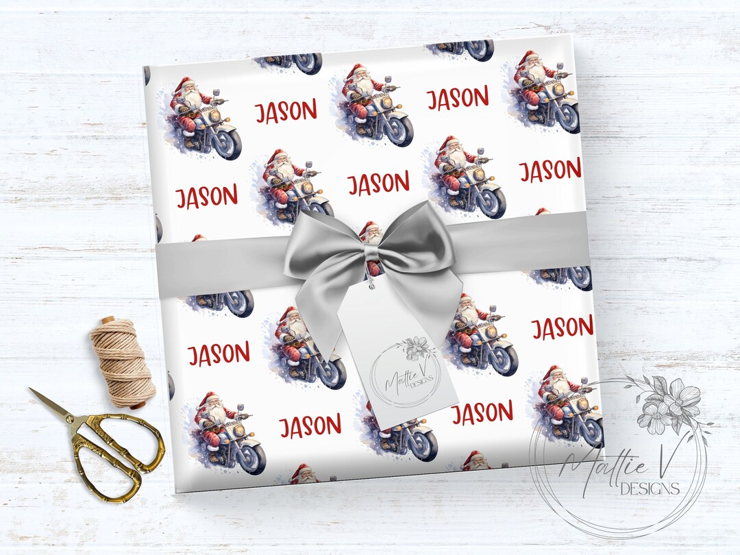 Santa's Motorcycle Personalized Wrapping Paper Christmas Gift Wrap Name