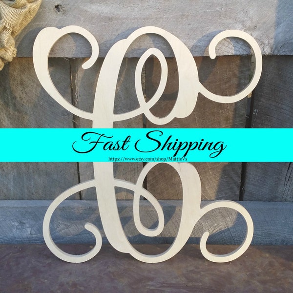 FREE SHIPPING!!   Wooden Letter - Unpainted Vine Script Letter - Door Hanger - Wall Hanging - Wedding Guest Book - Wooden Monogram