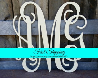 FREE SHIPPING!!  Wooden Initials - Unfinished Vine Script Monogram - Wood Letters - Monogram Wall Hanging - Monogram Door Hanger