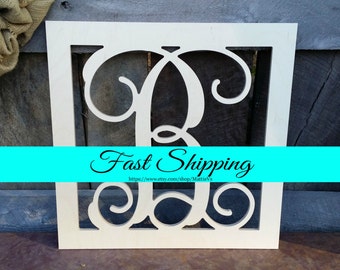 FREE SHIPPING - 24" Wooden Monogram - Unfinished Vine Script Letter in Connected Square Border Frame - Wedding Gift - Housewarming Gift